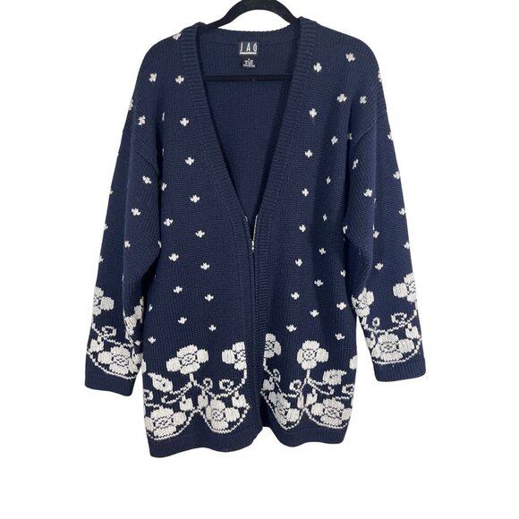Jag Clothing Sweater 8 Blue Floral Wool Cardigan Preppy Old Money Classic Mature - Picture 1 of 9